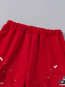 SHEIN 2pcs Teen Boys Black Print Fashion Short Sleeve T-Shirt And Khaki Print Casual Long Pants Set - Red - View 4