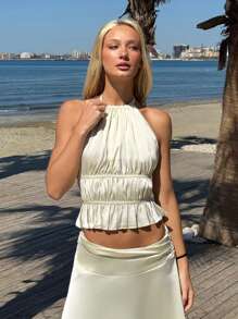 SHEIN EZwear 2 pièces Ensemble top licou élégant dos nu et jupe asymétrique pour femmes - Nude - Voir 5