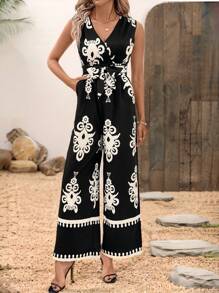 SHEIN Clasi Bộ đồ liền thân in họa tiết cổ chữ V thanh lịch cho nữ, trang phục mùa hè cho ngày lễ mùa xuân dành cho nữ trang phục mùa hè cho nữ trang phục nghỉ mát Bộ đồ liền thân cho nữ Bộ đồ liền thân cho nữ Trang phục mùa hè cho nữ Bộ đồ liền thân cho nữ Trang phục nghỉ mát cho nữ Bãi biển - Đen và trắng - Xem 6