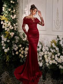 Glamrae Elegante y lujoso vestido de satén elástico de manga larga con aplicaciones de encaje bordado, diseño de cola de sirena, adecuado para bodas, fiestas, vacaciones, bailes de graduación y ocasiones formales (diseño de lujo), vestido de invitada de boda, vestido de noche, vestido de gala