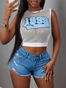 Slaydiva T-shirt court sans manches à encolure ronde, à motif graphique lettres Millenium Y2K, en mailles transparentes. Nouveau style décontracté quotidien Printemps/Été 2025