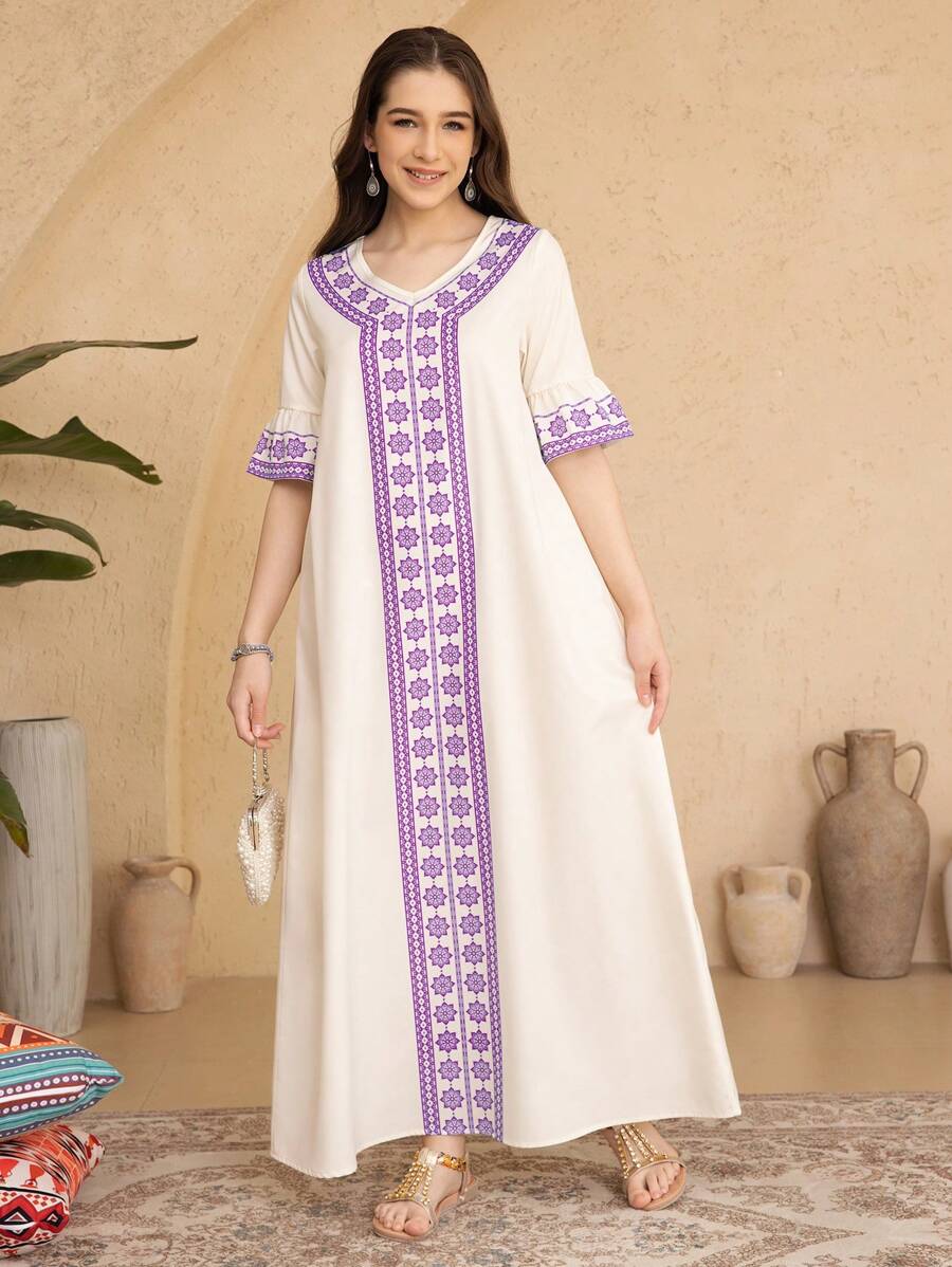V-Neck Loose Long Dress With Short Sleeves For Teenage Girls, Summer - Multicolor - View 1