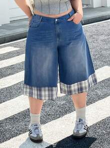 SHEIN EZwear Pantalones 7/8 informales y elegantes de talla grande para mujer con ajuste holgado, en denim con parches y estampado de cuadros