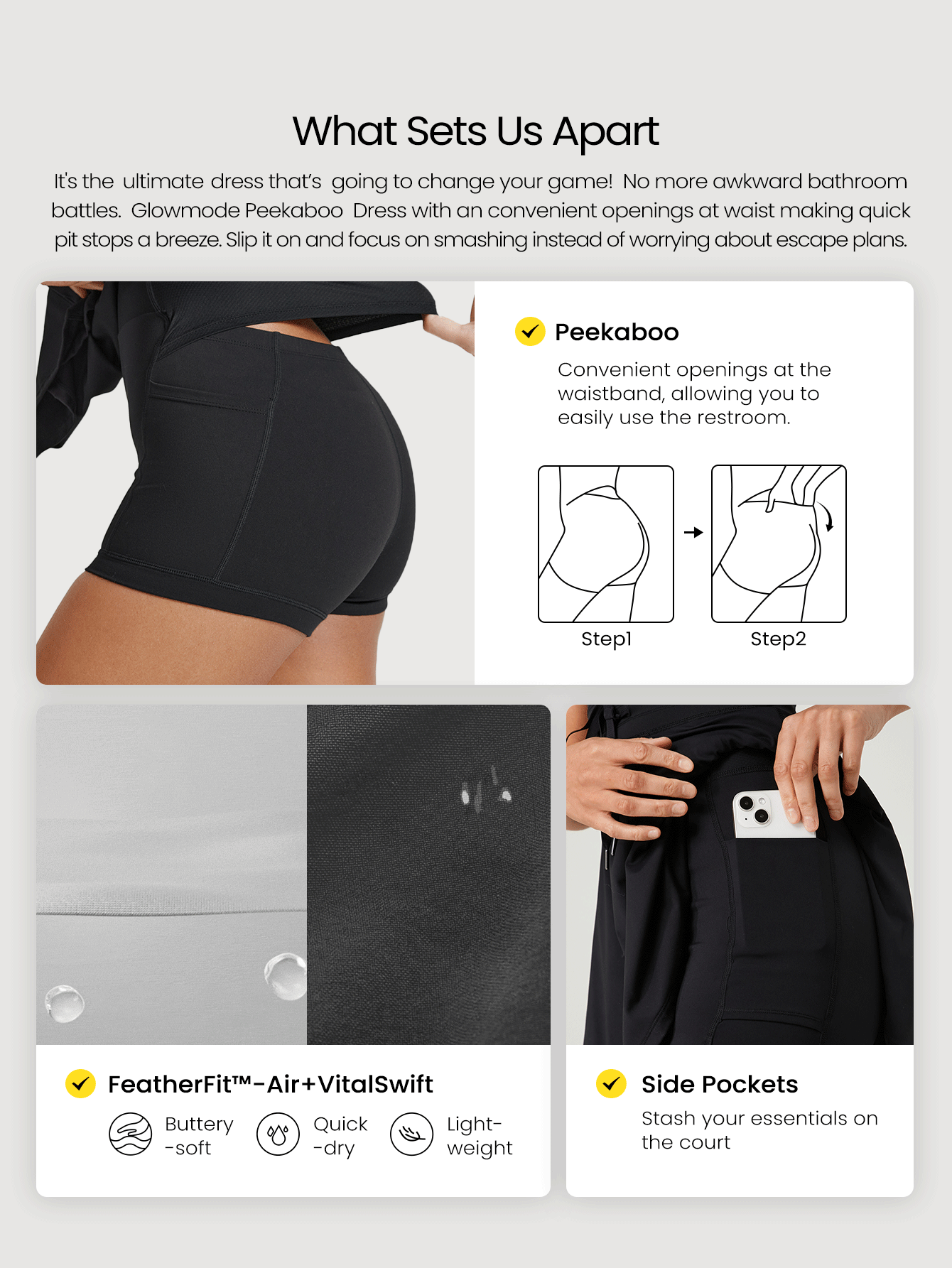 GLOWMODE Quick-Dry Built-In Cups Crisscross Strap Back Drawstring Waist Peekaboo Dress With Built-In Shorts Low Impact Tennis Active Daily Casual - Black - View 2