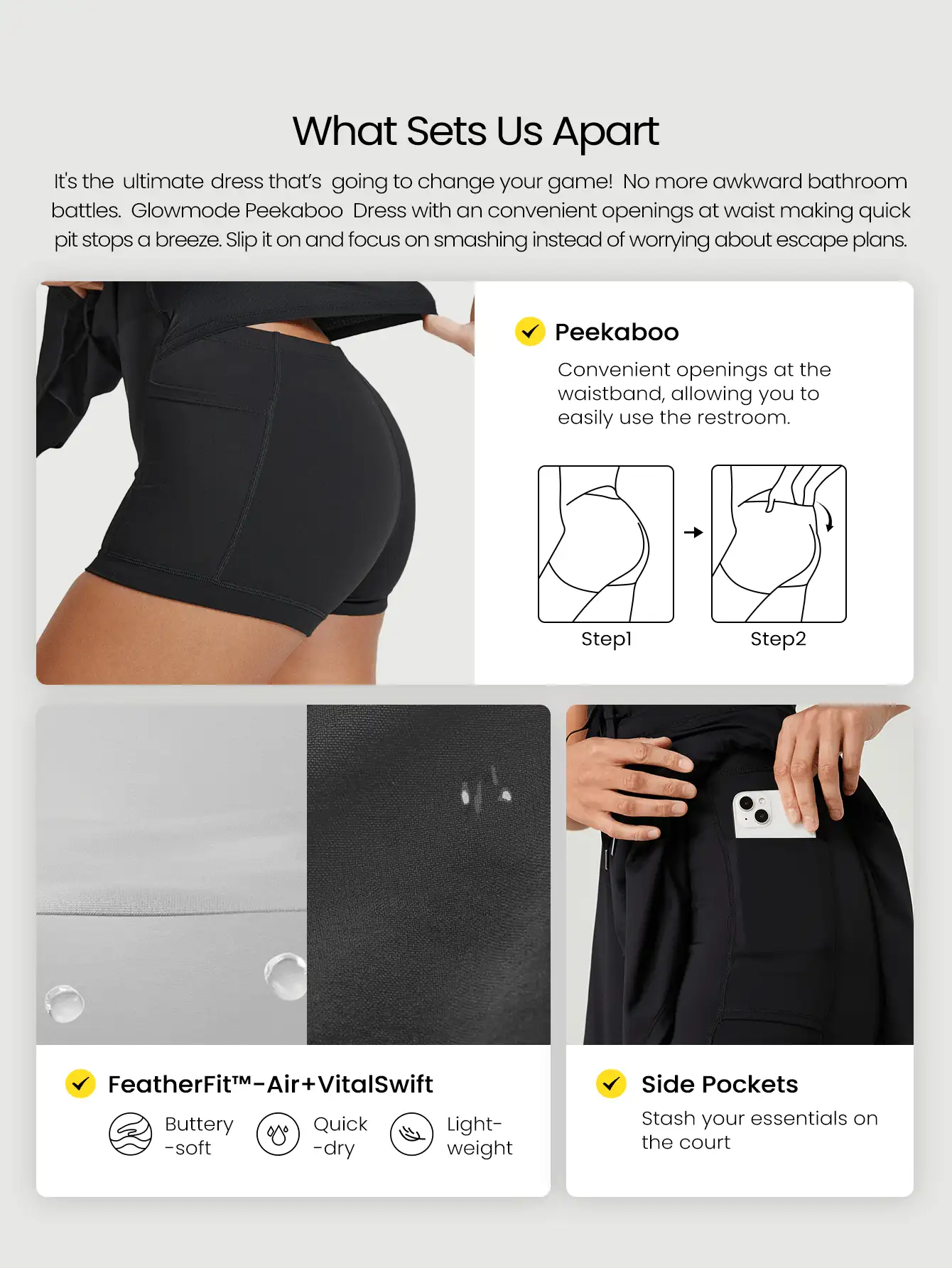 GLOWMODE Vestido con shorts incorporados, de efecto escotado, con tirantes cruzados, cintura con cordón y copas incorporadas FeatherFit™-Air, para uso casual, activo y de tenis de bajo impacto