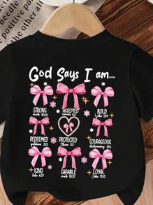SHEIN Explorewe Baby Girls' "God Says I Am Strong" Bow, Pearl, Heart Print Round Neck Short Sleeve Cute Black T-Shirt - Black - View 4