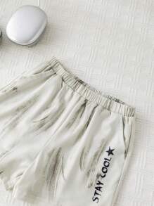 SHEIN 2pcs Set Baby Boy/Girl Casual Chic Korean Style Soft & Graphic Letter Print Tie Dye Shorts Set, Comfortable & Versatile For Spring/Summer - Khaki - View 9