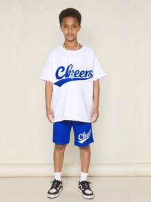 SHEIN Tween Boy Letter Embroidered Texture Two Pieces Set - White - View 1