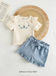Cozy Pixies 女婴 2 件套可爱花卉和兔子设计圆领短袖荷叶边上衣和松紧腰蝴蝶结装饰短裤，休闲百搭装，韩版风格，可爱，适合休闲、居家、旅行 - 藍色 - 查看 7