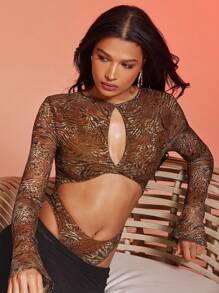 Hauture Sexy Vacation Semi-Sheer Animal Print Lace Twist Cut Out Long Sleeve Bodysuit - Multicolor - View 3