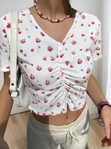 T-shirt slim à manches courtes avec fleurs éparpillées et froncis, pour ados filles - Blanc - Voir 1