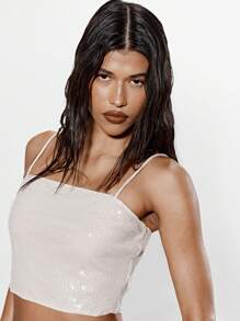 KIZN Sequin Spaghetti Strap Crop Top Club Party Festival Y2K Aesthetic Cami Sleeveless Summer Fashion Glitter Party Club Wear