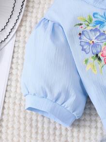 SHEIN 女童花卉印花领口前开泡泡袖连衣裙（配腰带） - 藍色 - 查看 6