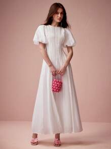 Enchnt Women's Elegant Party Solid Color Puff Sleeve Dress