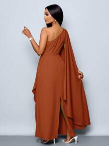 SOLERSUN 女士时尚优雅垂坠单肩长裙，配金色饰边细节 - 咖啡棕 - 查看 2