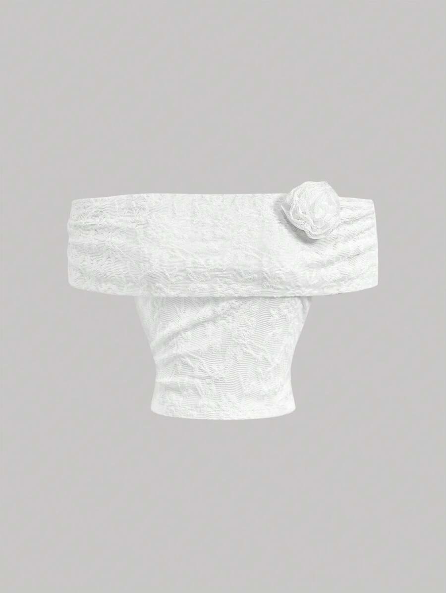 SHEIN MOD Top feminino branco romântico e fofo, ombro de fora, adequado para festivais de música - Branco - Ver 1