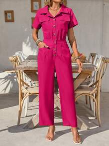 EMERY ROSE Mono casual de una sola pieza para mujer con mangas cortas y bolsillo utilitario - Rosa Fucsia - Ver 3