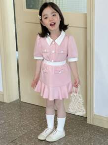 DAZY 年轻女孩优雅拼色泡泡袖衬衫和迷你裙两件套，夏季