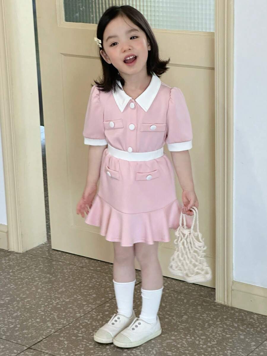 DAZY 年轻女孩优雅拼色泡泡袖衬衫和迷你裙两件套，夏季