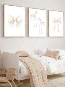 SHEIN 3pcs Set Unframed Beige Bows Preppy Art Poster Canvas Print Girl Room Decoration Painting Minimalist Cute Wall Painting Picture For Dorm,Living Room,Teen Room,Bedroom,Home Decoration