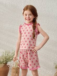 Blossori Young Girls Spring/Summer French Elegant Geometric Floral Pattern Knit Top And Shorts Set - Multicolor - View 5