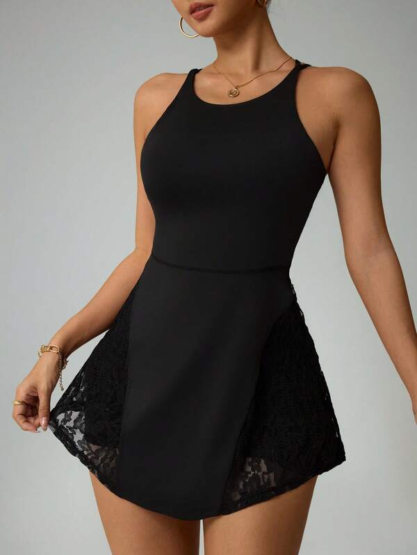 SHEIN Sports Solid Color Lace Patchwork Mini Sport Dress Athletic Dress