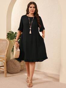 EMERY ROSE Plus Size Women Casual Solid Color Ruffled Hem Dress, Vacation Style - Black - View 4