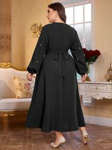 Modelyn Plus Size Women Elegant Cross Neck Beaded Lantern Sleeve Dress - Black - View 2