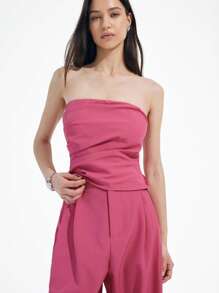 Chiquease Women 2Pcs Set Casual Loose Asymmetrical Ruffle Tube Top And Wide Leg Pants Suit For Commute And Vacation, Pink - Pink - View 4
