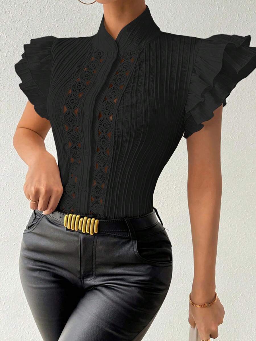 Chiquease 女式花卉拼布立领短袖纽扣衬衫