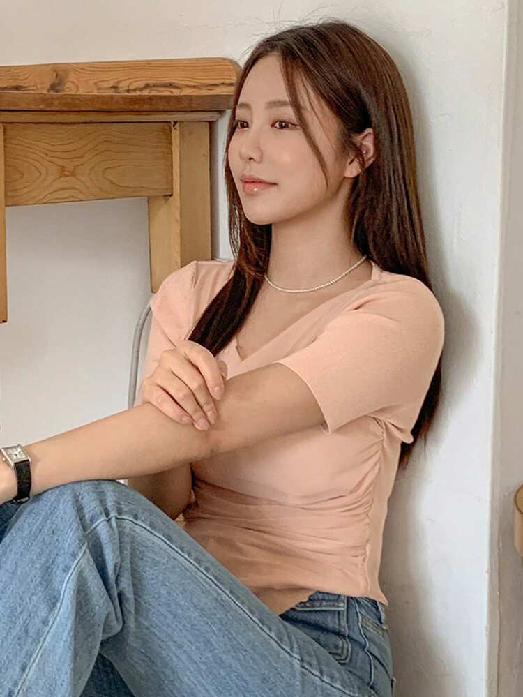 Women's Chiffon Draped Neck Ruched Waist Short Sleeve Pink Knit Top For Summer