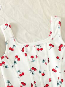 SHEIN Leap Crew Tween Girls Casual Cherry Print Square Neck Tank Top - White - View 6