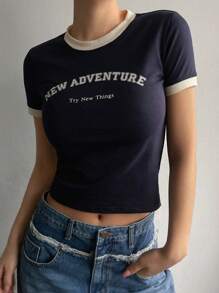 DAZY Loose Casual Letter Print Women's Round Neck T-Shirt