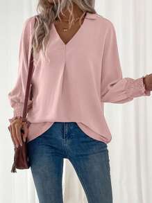 SHEIN LUNE Women's Solid Color Lapel Long Sleeve Patchwork Blouse - Dusty Pink - View 5