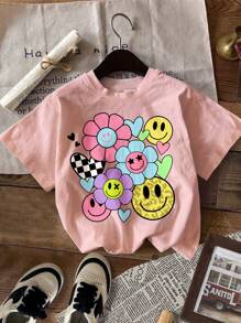 SHEIN 4pcs Young Girls Vintage Smile Face, Letter, Floral, Heart Graphic Comfy Casual Crew Neck Short Sleeve Basic T-Shirt, Suitable For Spring And Summer - Multicolor - View 5