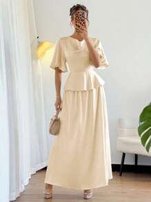 Chiquease 女式缎面休闲宽松领荷叶边袖衬衫和 A 字下摆半身裙套装，春夏 - 杏色 - 查看 1