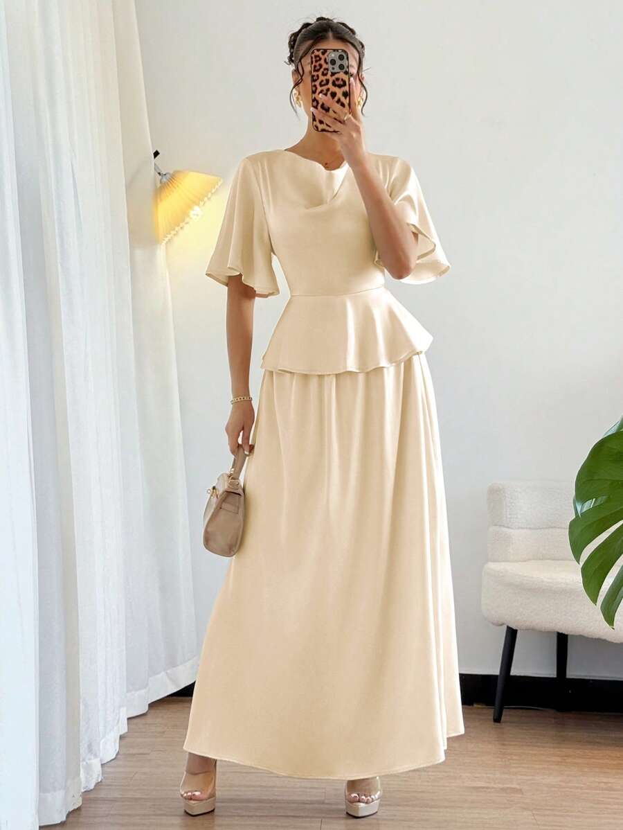 Chiquease 女式缎面休闲宽松领荷叶边袖衬衫和 A 字下摆半身裙套装，春夏 - 杏色 - 查看 1