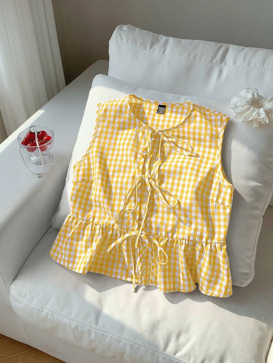 Comfortcana 格子系带无袖衬衫，大码，春夏 - 黃色 - 查看 1