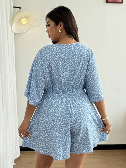 Vionelle Plus Size Women's V-Neck Ruffle Sleeve Short Sleeve Top And Loose Shorts Set, Elegant Ditsy Floral Cute Vacation Casual French Style Romper