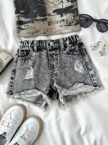 SHEIN Young Girls Grey Denim Ripped Frayed Hem Short Shorts For Summer Casual Wear - Grey - View 1