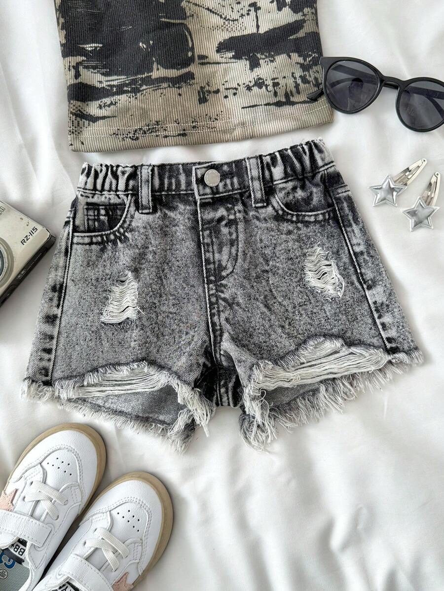 SHEIN Young Girls Grey Denim Ripped Frayed Hem Short Shorts For Summer Casual Wear - Grey - View 1