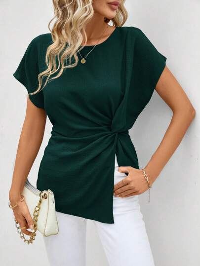 SHEIN Clasi Women's Asymmetric Hem Twist Detail Blouse Green