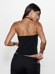 KIZN 罗纹吊带上衣，颈链设计，不对称单肩俱乐部派对晚装，夏季时尚修身吊带背心 - 黑色 - 查看 2