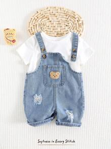 Cozy Pixies Salopette en jean délavé avec poche avant avec motif d'ours de dessin animé pour bébé garçon