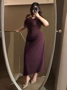 Dazy Plus Solid Dark Purple Square Neck Tie Waist Dress