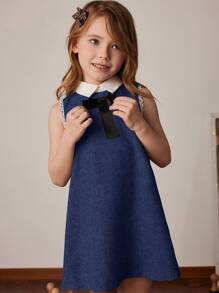 PrepCrw 年轻女孩有领无袖修身梭织连衣裙，黑色，春/夏 - 深色水洗藍 - 查看 6