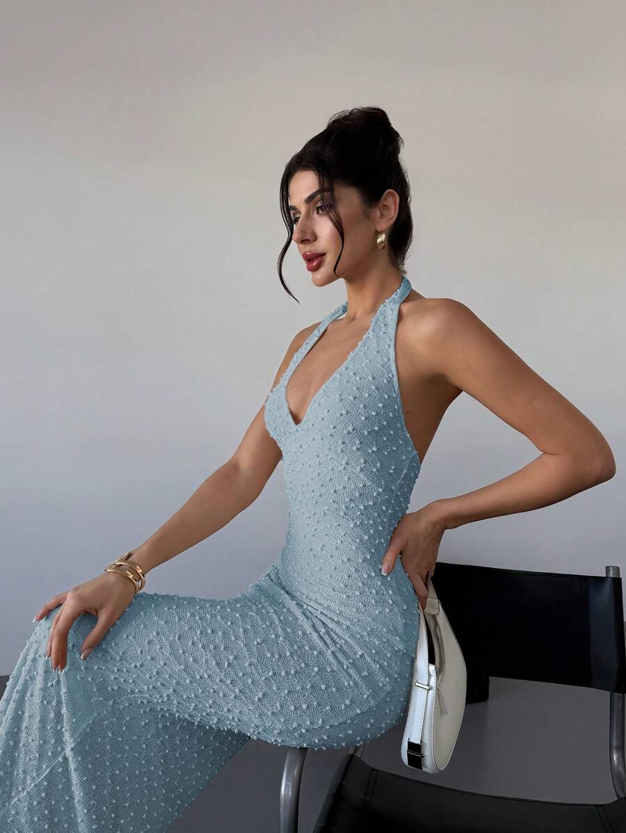 Firerie 优雅浪漫 V 领杏色纹理修身长裙，收腰，适合约会、春夏季 - 淺藍色 - 查看 1