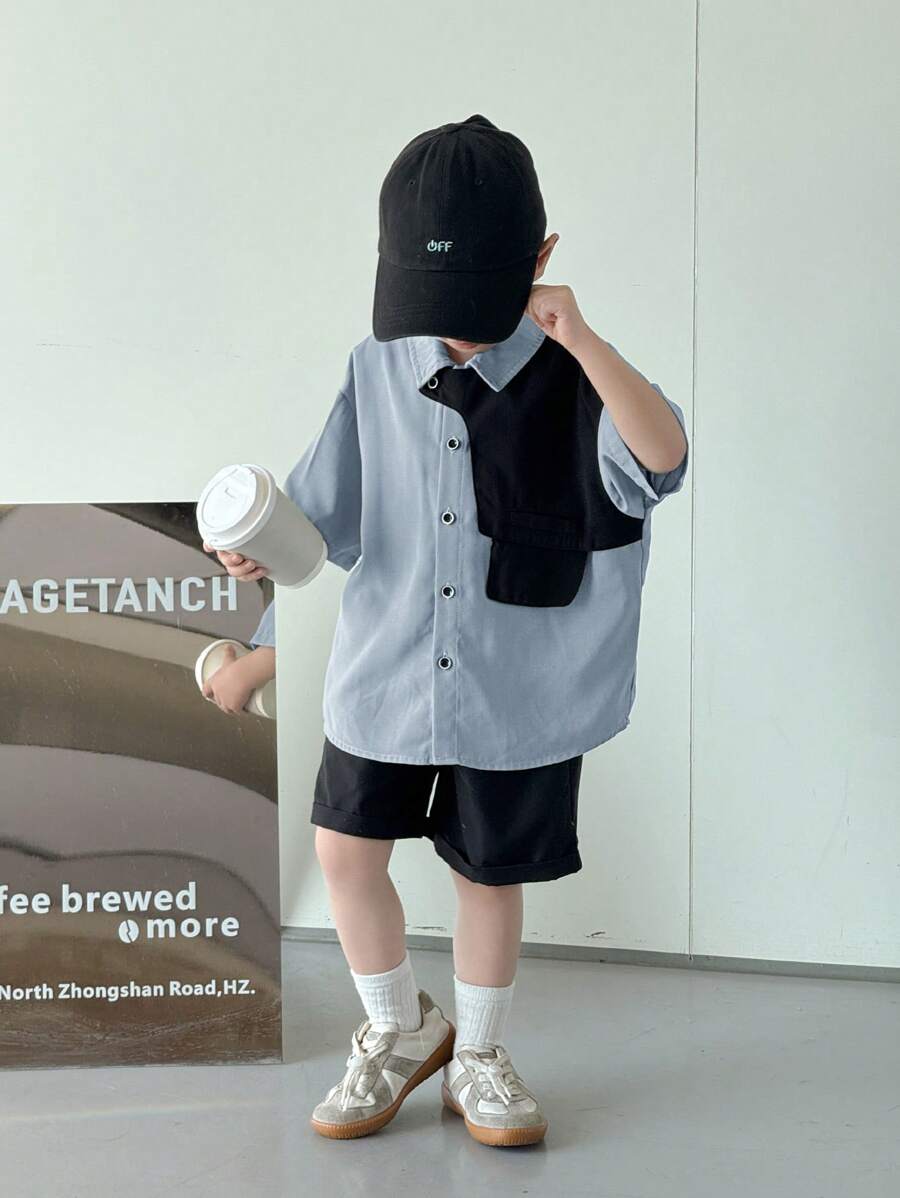 SHEIN Set de 2 piezas estilo casual escolar para niño pequeño, compuesto por camisa de manga corta suave y cómoda, y pantalones cortos sueltos versátiles, adecuado para primavera/verano, uso diario, deportes, al aire libre, campus, fiesta, festival, fotografía - Neblina azul - Ver 1