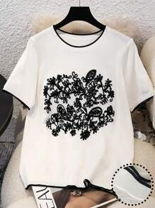 SHEIN LUNE Camiseta de cuello redondo de mujer con bordado floral de verano