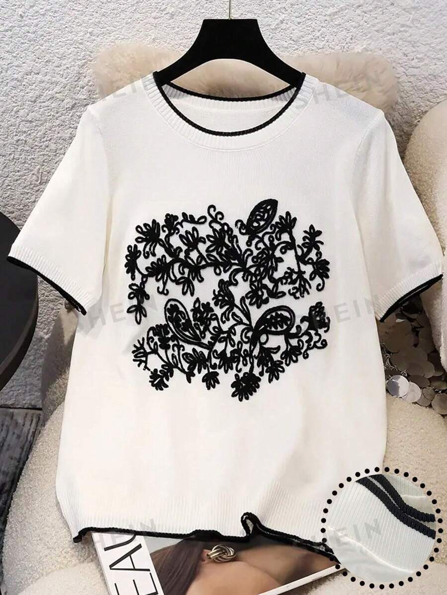 SHEIN LUNE Camiseta de cuello redondo de mujer con bordado floral de verano